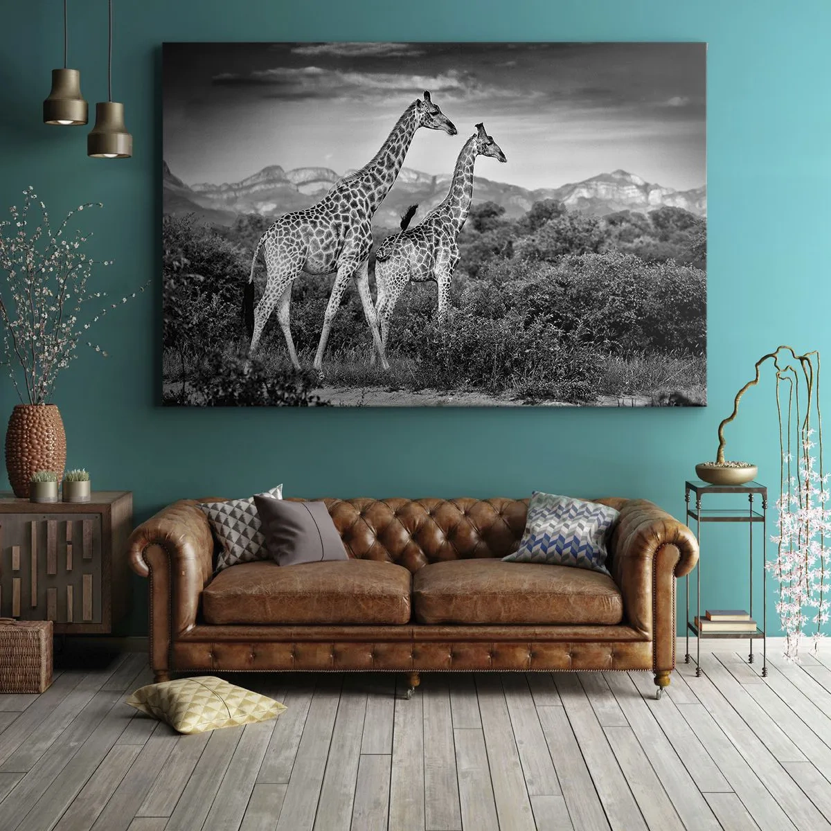 Cuadro sobre lienzo - Impresión de Imagen - Siluetas en blanco y negro de dos jirafas en la sabana. - 70x50cm - La clase alta de África - Decoración de pared moderna para salón y dormitorio ARTTOR