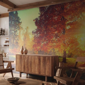 Fotomural Premium Sand - Parque otoñal bajo los rayos del sol poniente - 100x70cm - El rojo es hermoso - Decoración de pared moderna para salón y dormitorio ARTTOR