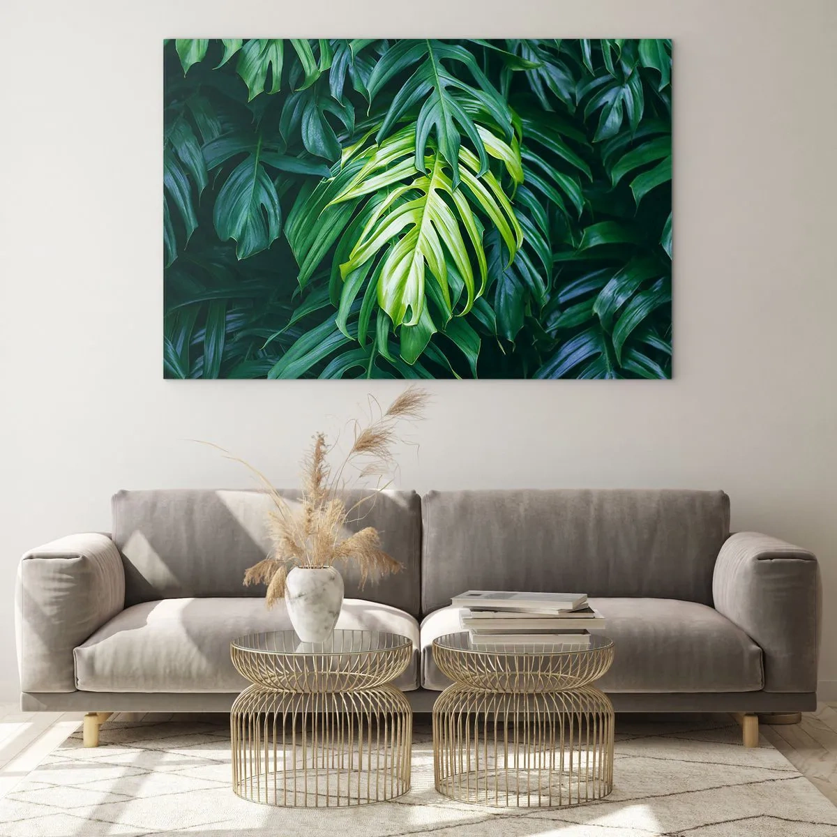 Cuadro sobre vidrio - Impresiones sobre Vidrio - Exuberantes hojas verdes de monstera bajo la luz natural. - 100x70cm - Sumérjase en la frescura - Decoración de pared moderna para salón y dormitorio ARTTOR