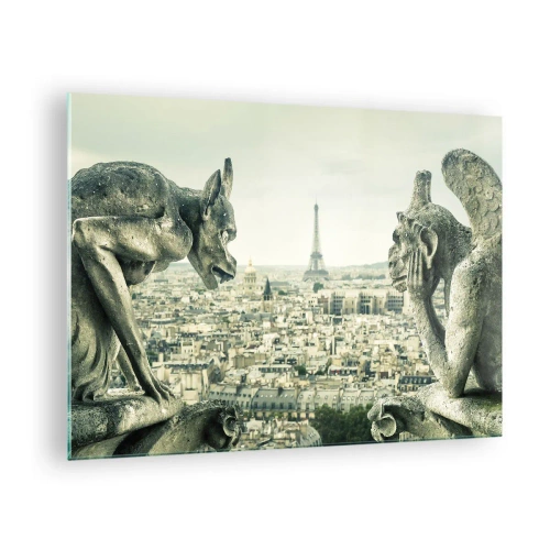 Cuadro sobre vidrio - Impresiones sobre Vidrio - Gárgolas sobre París con vistas a la Torre Eiffel - 70x50cm - Charlas parisinas - Decoración de pared moderna para salón y dormitorio ARTTOR