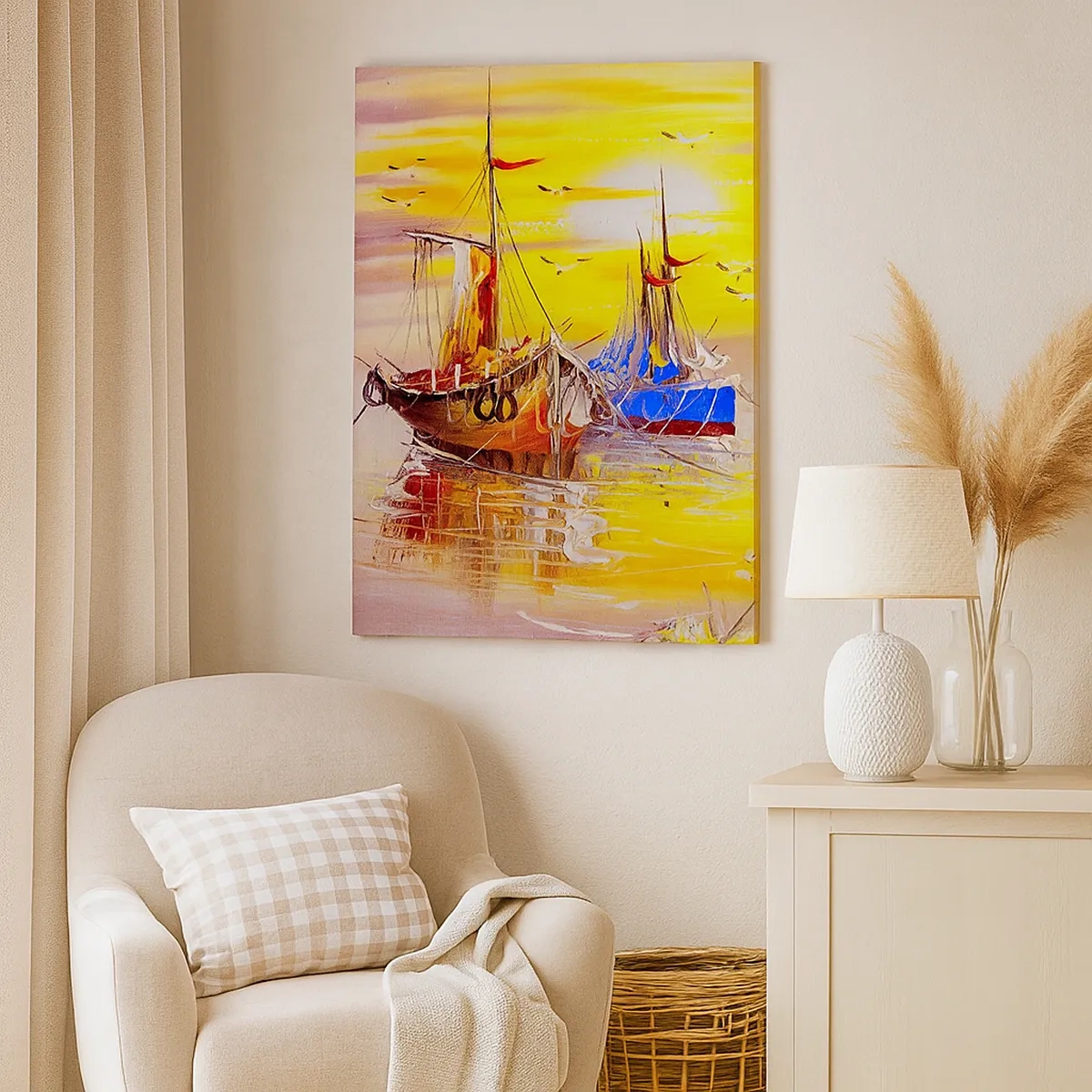 Cuadro sobre lienzo - Impresión de Imagen - Una escena pictórica de barcos en un mar en calma. - 50x70cm - Un merecido descanso en el puerto - Decoración de pared moderna para salón y dormitorio ARTTOR