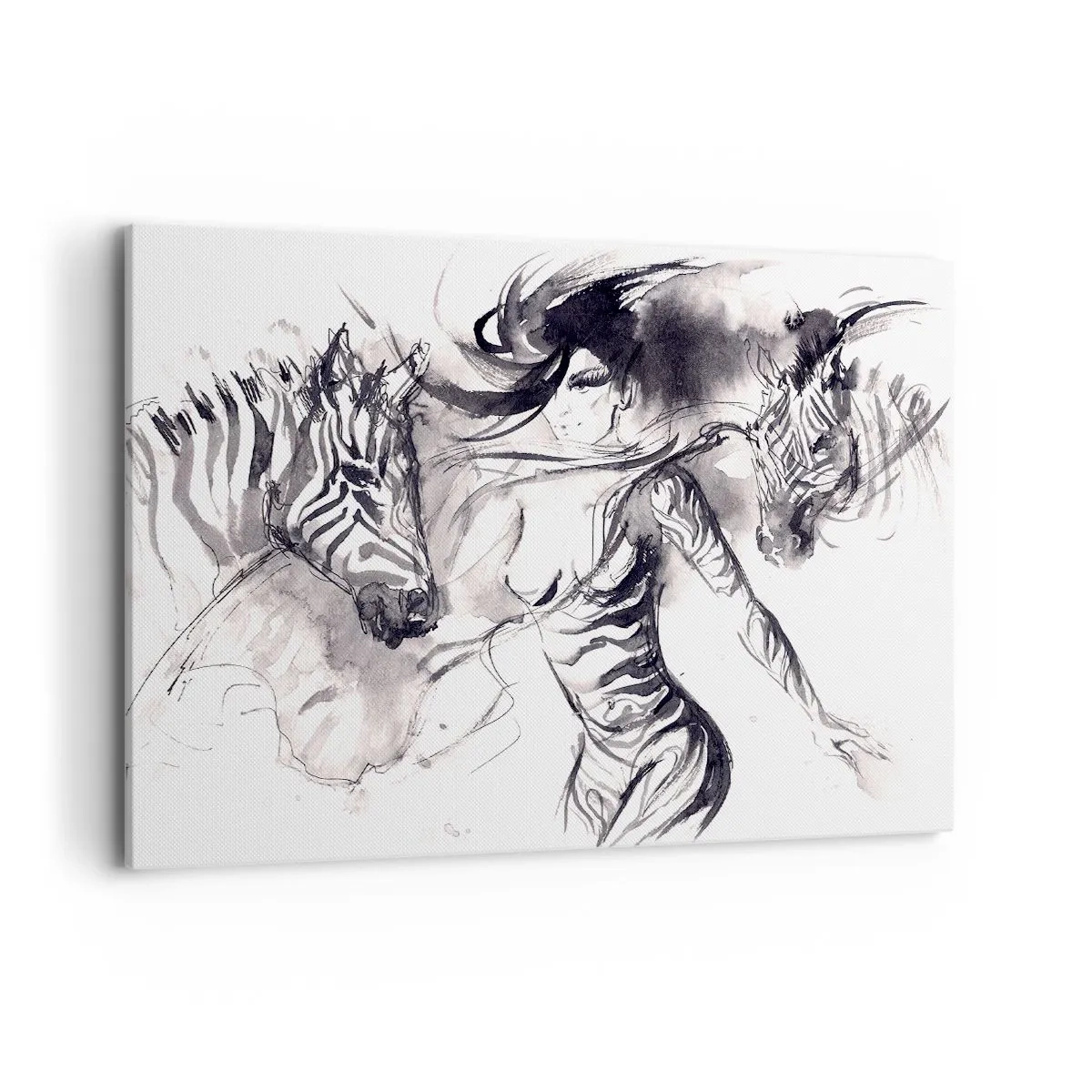 Cuadro sobre lienzo - Impresión de Imagen - Una mujer en una danza dinámica con cebras en una estética en blanco y negro. - 100x70cm - Bailando con las cebras - Decoración de pared moderna para salón y dormitorio ARTTOR