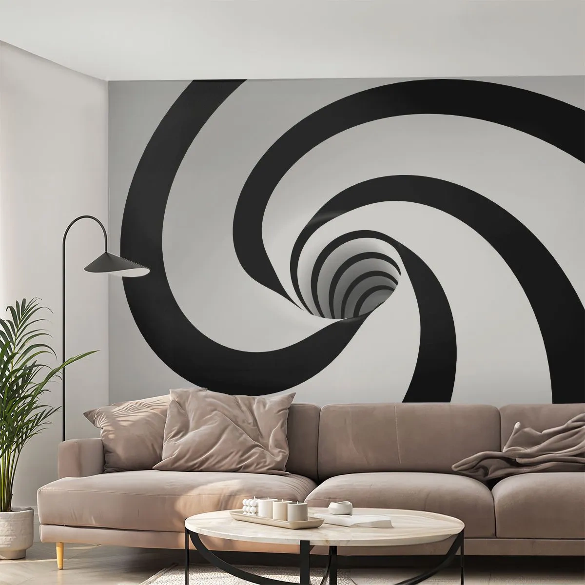 Fotomural Premium Sand - Espiral en blanco y negro con efecto túnel. - 100x70cm - ¿Ceder al torbellino? - Decoración de pared moderna para salón y dormitorio ARTTOR