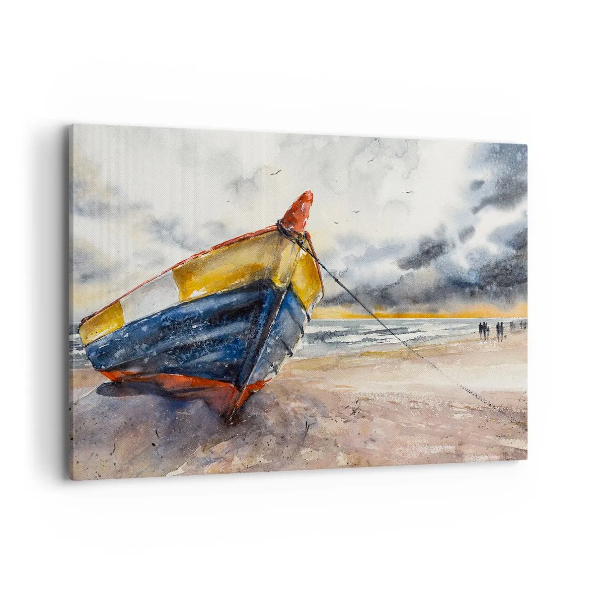 Cuadro sobre lienzo - Impresión de Imagen - Un pintoresco barco en la playa bajo un cielo nublado. - 100x70cm - Descansando en la orilla - Decoración de pared moderna para salón y dormitorio ARTTOR