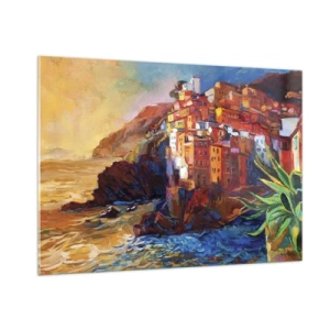 Cuadro sobre vidrio - Impresiones sobre Vidrio - Un pueblo colorido en un acantilado con vistas al mar. - 100x70cm - Ambiente italiano - Decoración de pared moderna para salón y dormitorio ARTTOR