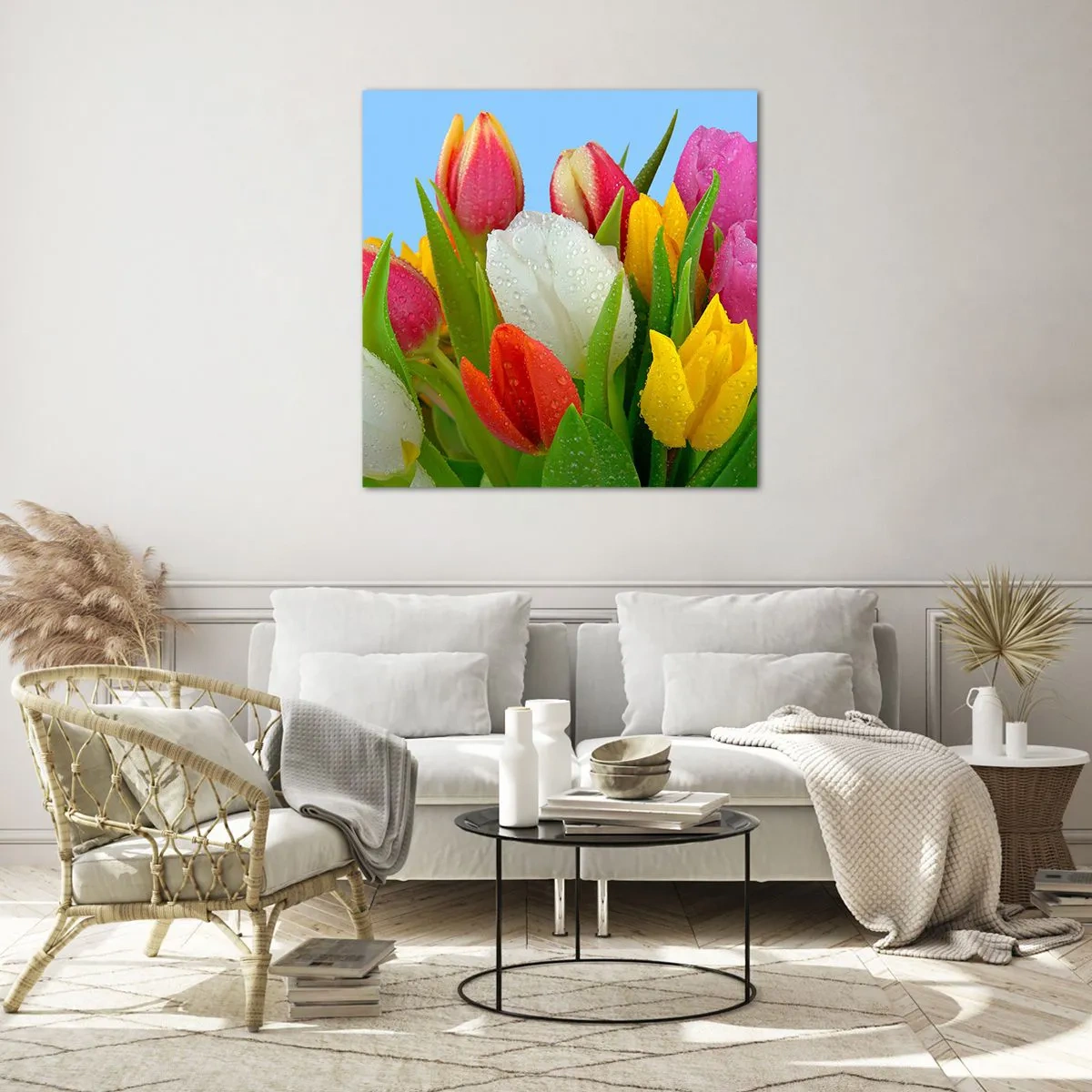 Cuadro sobre vidrio - Impresiones sobre Vidrio - Arco iris floral en gotas de rocío - 60x60 cm