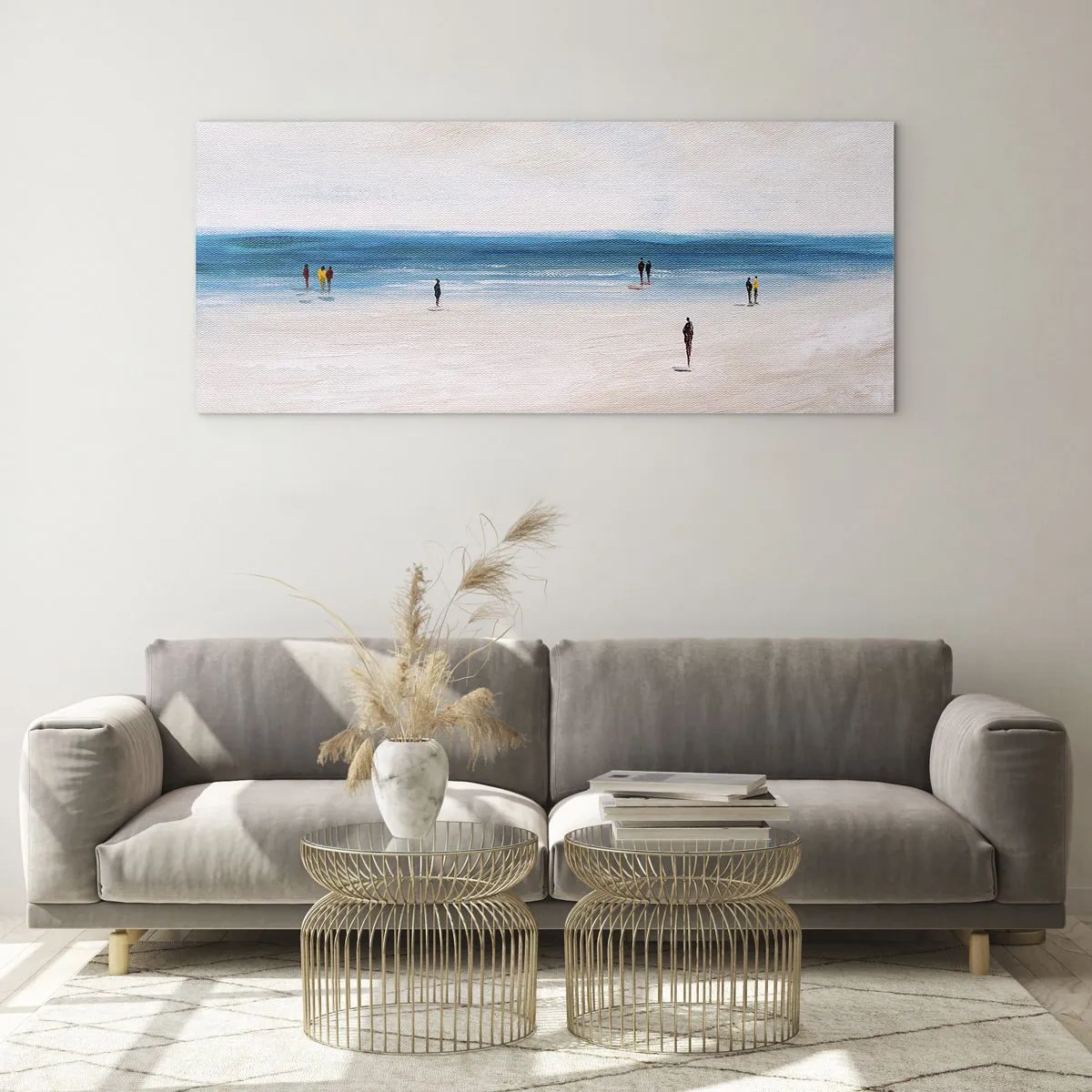 Cuadro sobre vidrio - Impresiones sobre Vidrio - Una playa con gente con el mar en calma como telón de fondo. - 160x50cm - Necesidad natural - Decoración de pared moderna para salón y dormitorio ARTTOR
