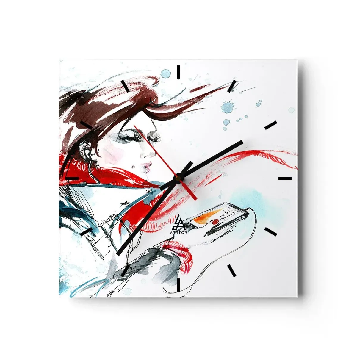 Reloj de pared - Reloj de vidrio - Una mujer con un pañuelo rojo con pinceladas dinámicas de acuarela. - 30x30cm - Algo suena dentro de mí - Decoración de pared moderna para salón y dormitorio ARTTOR