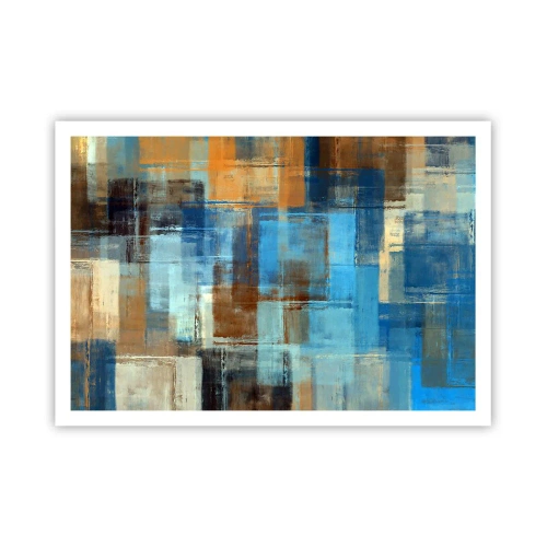 Póster - Composición geométrica abstracta en tonos azules y marrones. - 100x70cm - A través del velo azul - Decoración de pared moderna para salón y dormitorio ARTTOR