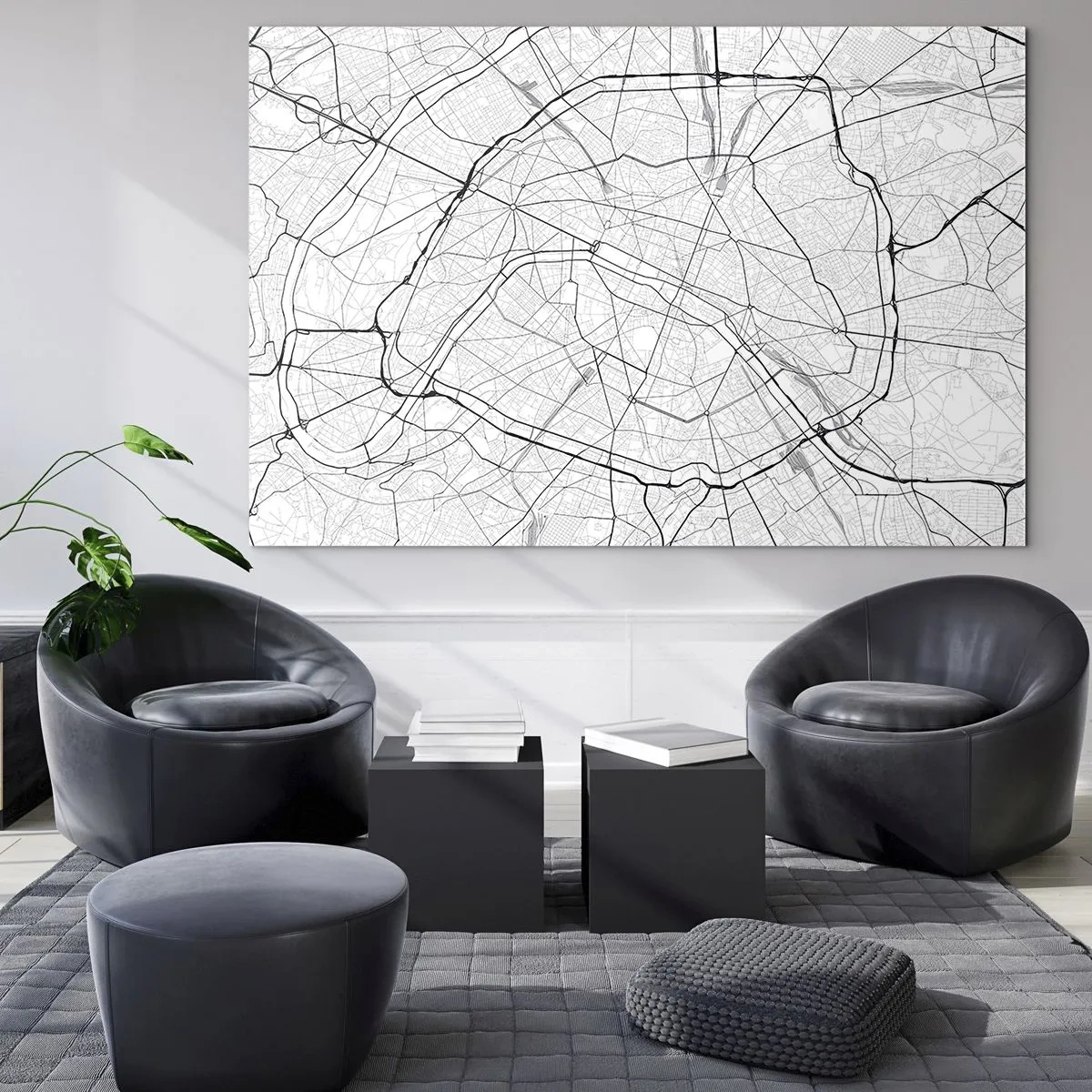 Cuadro sobre vidrio - Impresiones sobre Vidrio - Mapa de la ciudad en blanco y negro con cuadrícula de calles y arterias circulares - 120x80cm - Flor de París - Decoración de pared moderna para salón y dormitorio ARTTOR