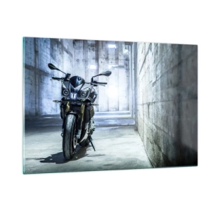Cuadro sobre vidrio - Impresiones sobre Vidrio - Una motocicleta en un interior industrial con paredes de hormigón. - 120x80cm - Antes de que el motor ruja - Decoración de pared moderna para salón y dormitorio ARTTOR