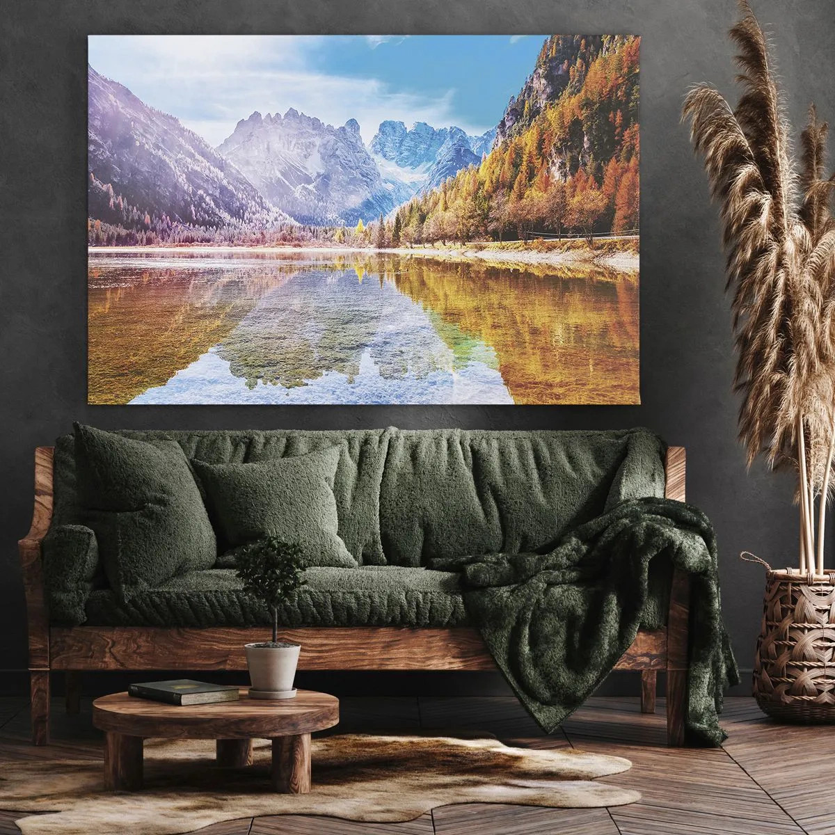 Cuadro sobre lienzo - Impresión de Imagen - Paisaje otoñal de montaña con un lago - 100x70cm - Ya es otoño en las montañas - Decoración de pared moderna para salón y dormitorio ARTTOR