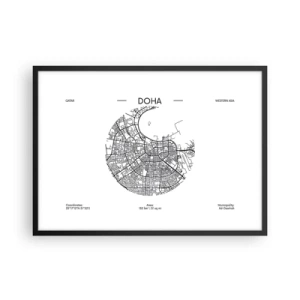 Póster en marco negro - Un mapa minimalista de Doha en blanco y negro con detalles precisos. - 70x50cm - Anatomía de Doha - Decoración de pared moderna para salón y dormitorio ARTTOR