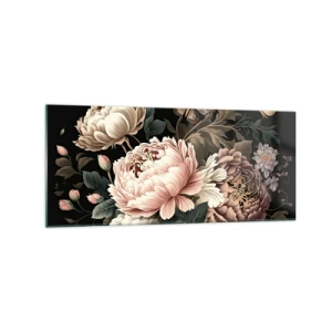 Cuadro sobre vidrio - Impresiones sobre Vidrio - Un ramo de flores rosas y mariposas sobre un fondo negro. - 120x50cm - En estilo barroco - Decoración de pared moderna para salón y dormitorio ARTTOR