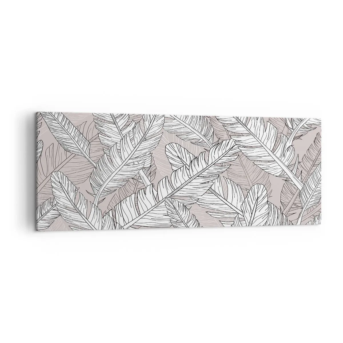 Cuadro sobre lienzo - Impresión de Imagen - Patrón en blanco y negro con hojas de plátano sobre un fondo claro. - 140x50cm - Turbulencias de plumas - Decoración de pared moderna para salón y dormitorio ARTTOR