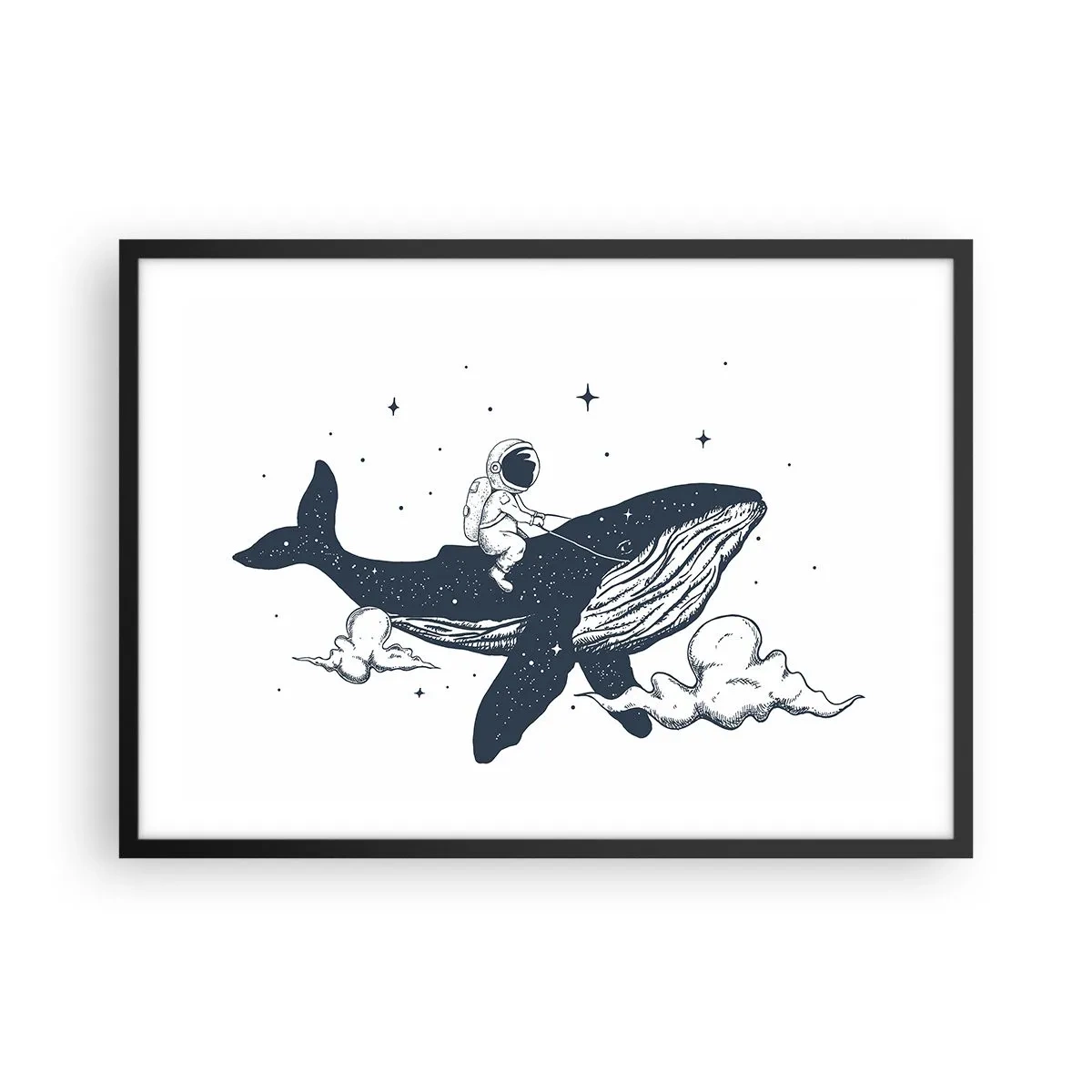 Póster en marco negro - Astronauta en una ballena flotando en el espacio - 70x50cm - Una aventura cósmica - Decoración de pared moderna para salón y dormitorio ARTTOR