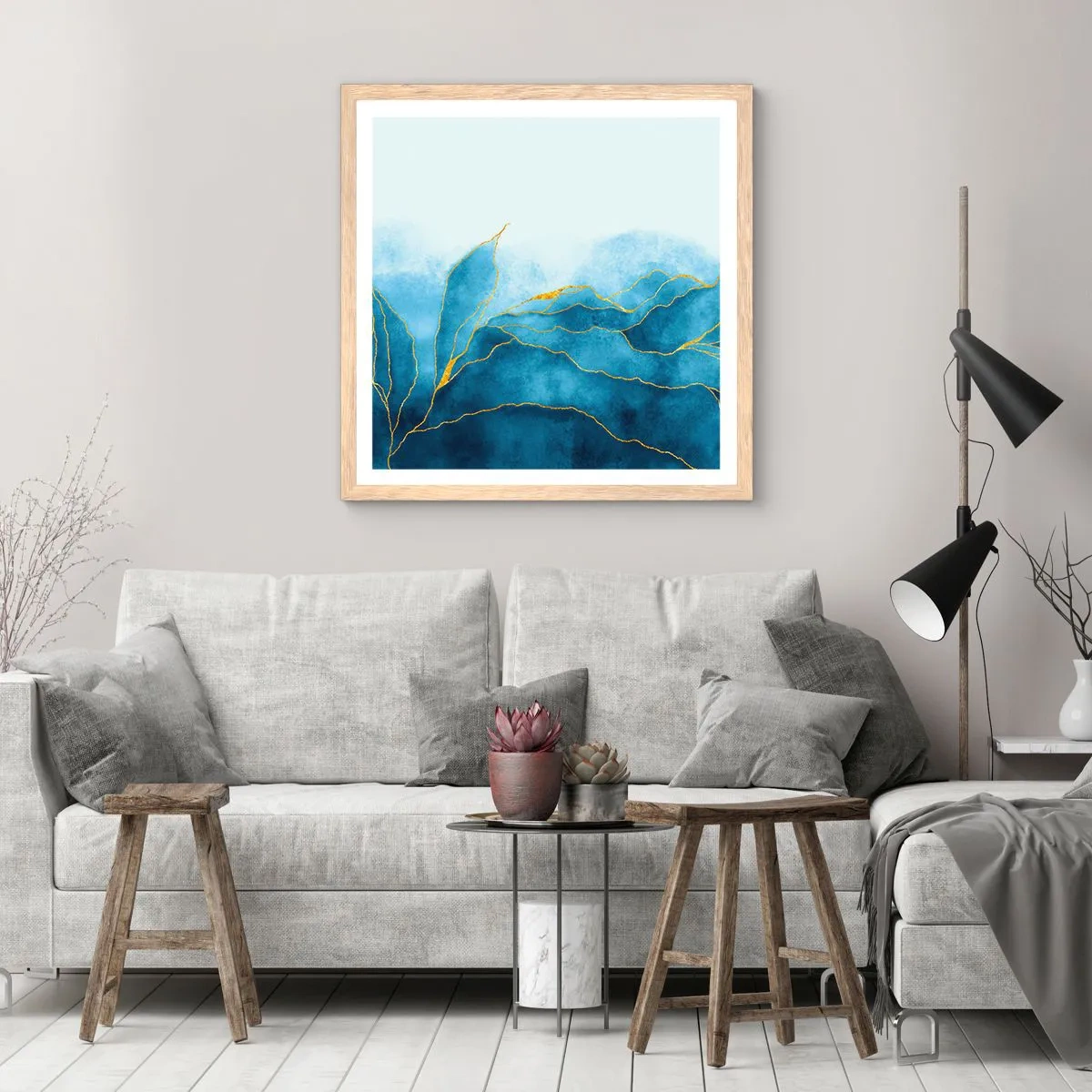 Póster en marco roble claro - Oro y azul - 60x60 cm