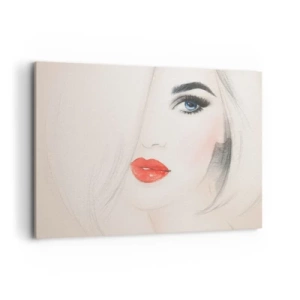 Cuadro sobre lienzo - Impresión de Imagen - Un retrato minimalista de una mujer con ojos azules y labios rojos. - 120x80cm - Hipnotiza y embriaga - Decoración de pared moderna para salón y dormitorio ARTTOR