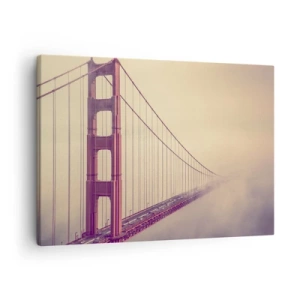 Cuadro sobre lienzo - Impresión de Imagen - Un puente en la niebla en tonos pastel, símbolo de elegancia y paz. - 70x50cm - Entre el cielo y la tierra - Decoración de pared moderna para salón y dormitorio ARTTOR