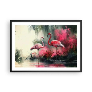 Póster en marco negro - Flamencos junto al agua rodeados de vegetación. - 70x50cm - Una lección de encanto natural - Decoración de pared moderna para salón y dormitorio ARTTOR