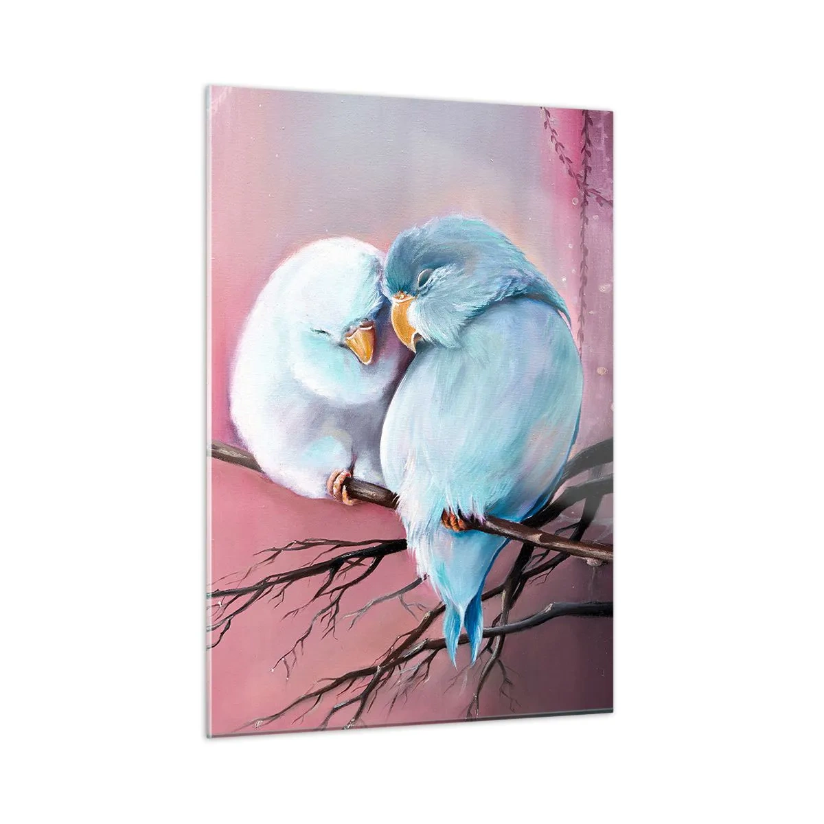 Cuadro sobre vidrio - Impresiones sobre Vidrio - Dos tortolitos sentados en una rama sobre un fondo rosa - 50x70cm - Qué añadir aquí... - Decoración de pared moderna para salón y dormitorio ARTTOR