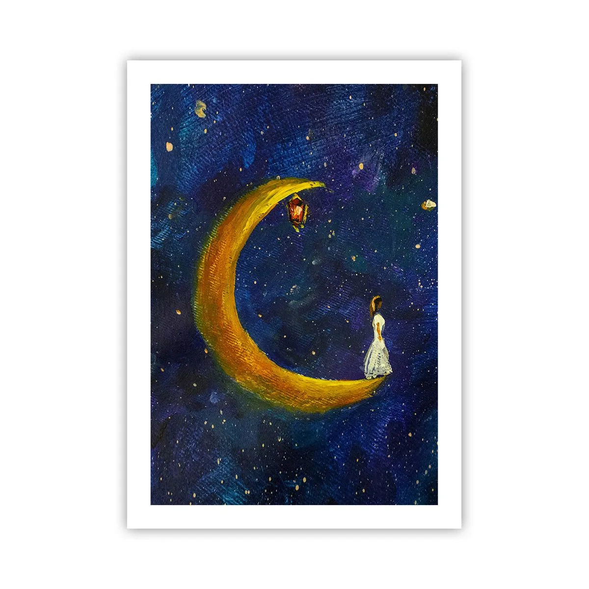 Póster - Una figura en una luna dorada contra un cielo nocturno con estrellas. - 50x70cm - La llamada de la Luna - Decoración de pared moderna para salón y dormitorio ARTTOR