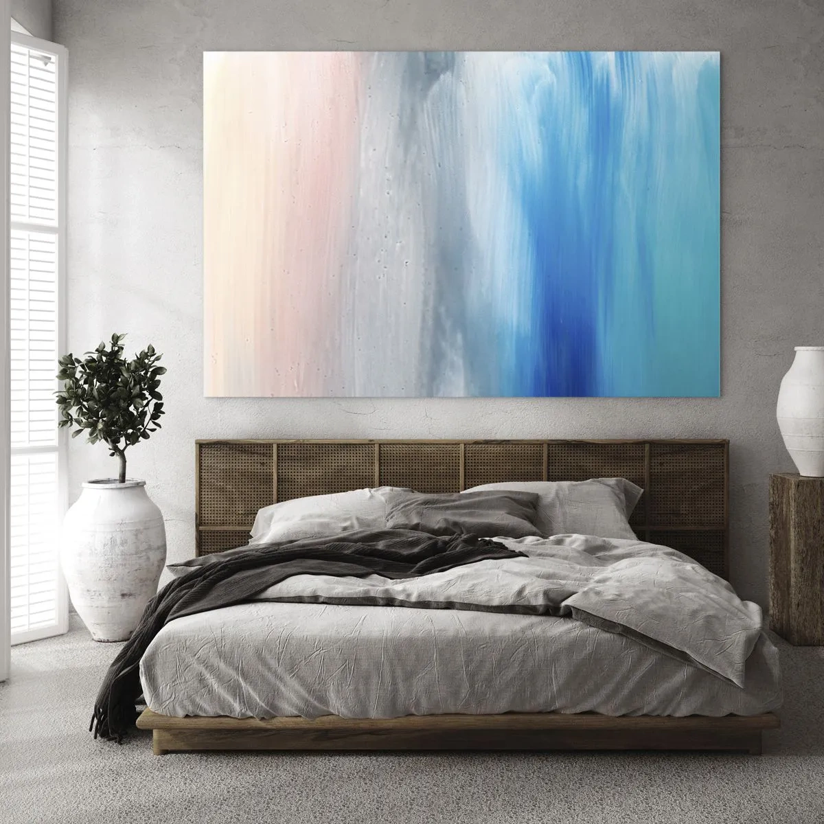Cuadro sobre vidrio - Impresiones sobre Vidrio - Rayas verticales de colores pastel y azul en estilo abstracto. - 120x80cm - Elementos: aire - Decoración de pared moderna para salón y dormitorio ARTTOR