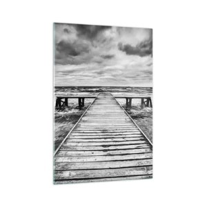 Cuadro sobre vidrio - Impresiones sobre Vidrio - Una vista en blanco y negro de un embarcadero de madera sobre un mar tempestuoso. - 70x100cm - Estoy esperando que sople el viento... - Decoración de pared moderna para salón y dormitorio ARTTOR