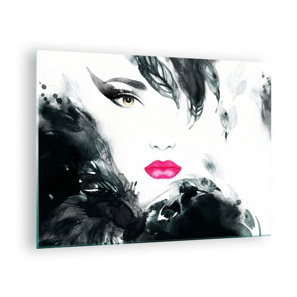 Cuadro sobre vidrio - Impresiones sobre Vidrio - Retrato de una mujer con labios rosados y acentos negros. - 70x50cm - ¡Cuidado! Femme fatale - Decoración de pared moderna para salón y dormitorio ARTTOR