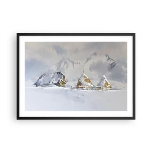Póster en marco negro - Paisaje invernal con una cabaña y pajares en las montañas - 70x50cm - En un valle nevado - Decoración de pared moderna para salón y dormitorio ARTTOR
