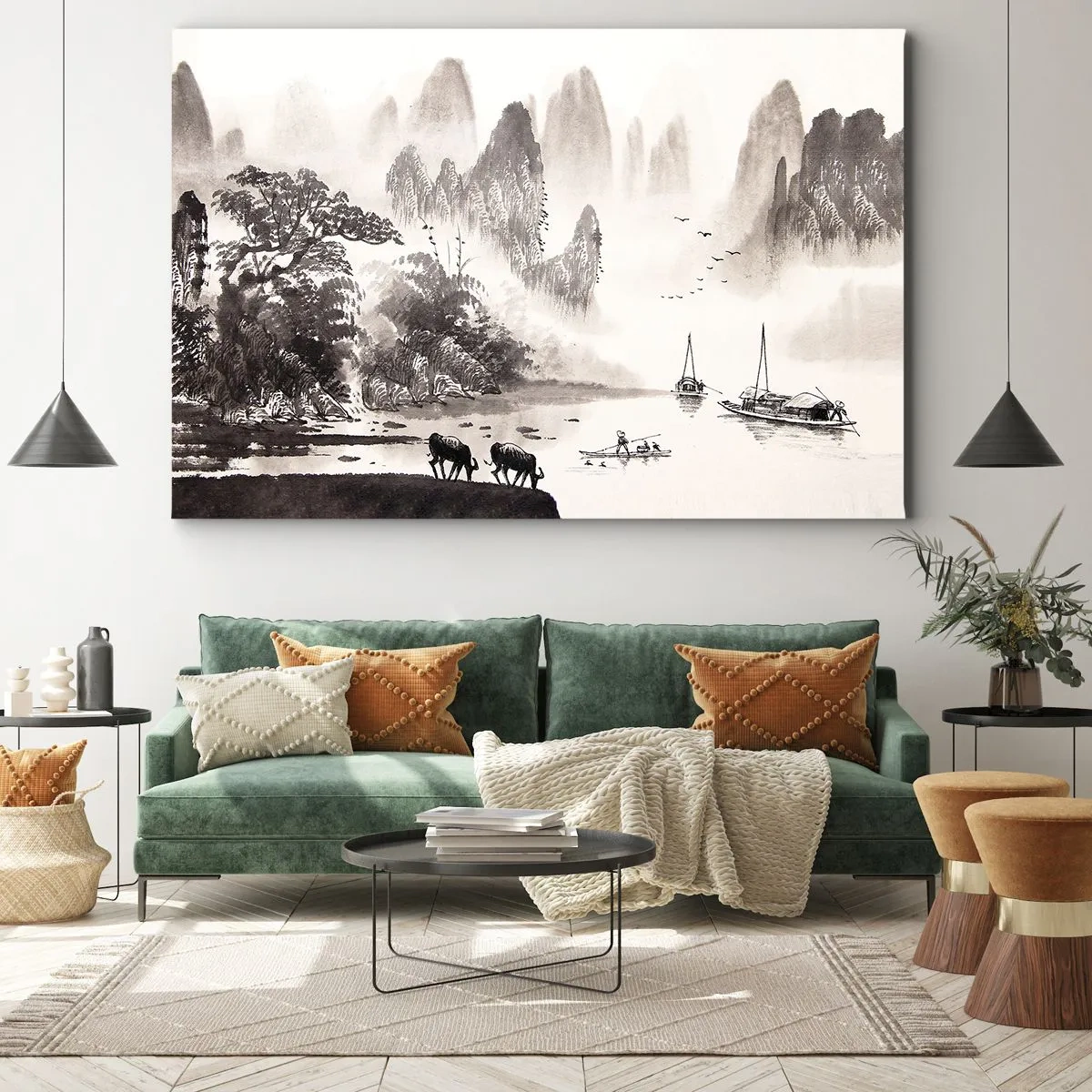 Cuadro sobre lienzo - Impresión de Imagen - Un pintoresco paisaje de estilo asiático con montañas brumosas. - 70x50cm - La exótica vida cotidiana de Oriente - Decoración de pared moderna para salón y dormitorio ARTTOR