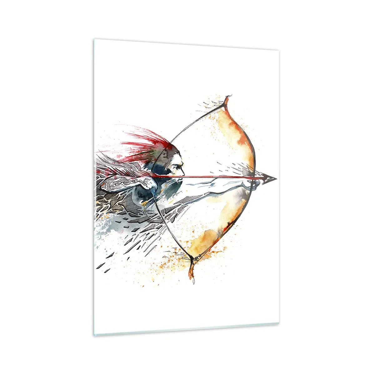 Cuadro sobre vidrio - Impresiones sobre Vidrio - Arquero en un entorno dinámico de acuarela - 50x70cm - Guerrero mítico con arco de fuego - Decoración de pared moderna para salón y dormitorio ARTTOR