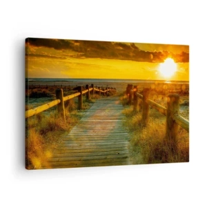 Cuadro sobre lienzo - Impresión de Imagen - Un camino de madera que conduce a la playa bajo el resplandor del sol poniente. - 70x50cm - Bañado en oro viejo - Decoración de pared moderna para salón y dormitorio ARTTOR