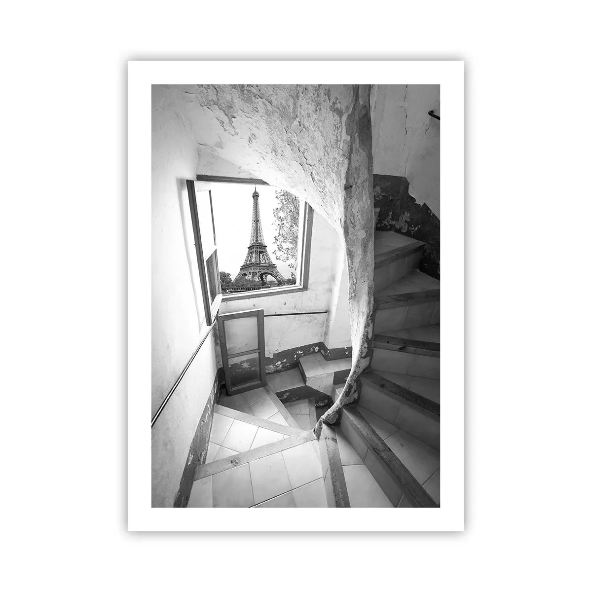 Póster - Vista de la Torre Eiffel a través de una ventana de un edificio antiguo. - 50x70cm - ¡Qué vistas! - Decoración de pared moderna para salón y dormitorio ARTTOR
