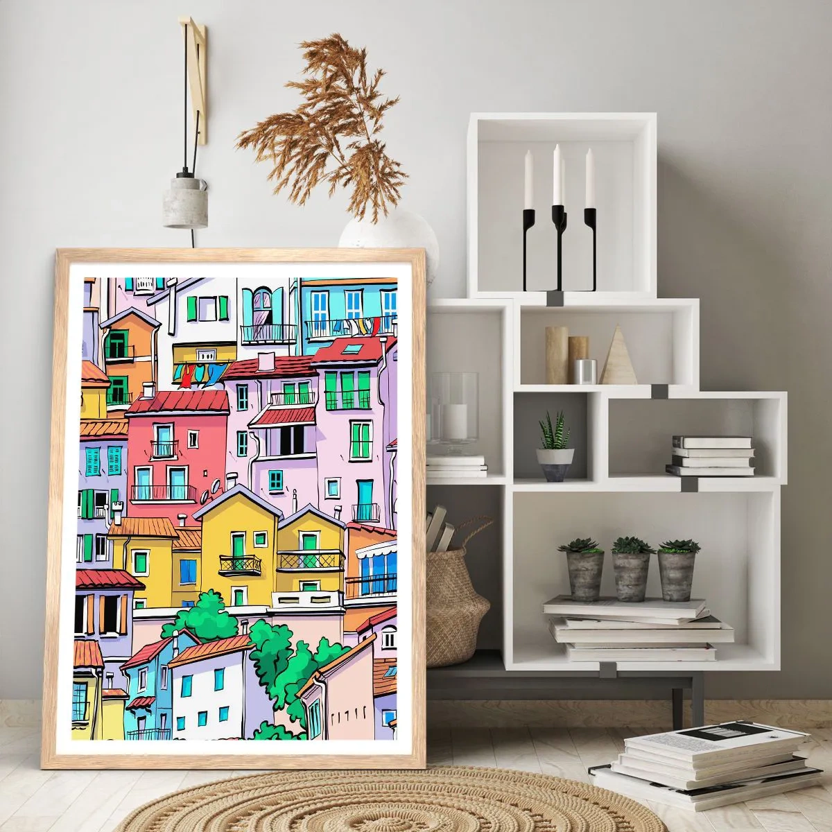 Póster en marco roble claro - Ciudad alegre - 70x100 cm