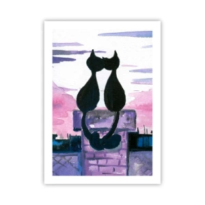 Póster - Dos gatos negros contra un cielo rosa-violeta. - 50x70cm - Cita bajo la luna - Decoración de pared moderna para salón y dormitorio ARTTOR