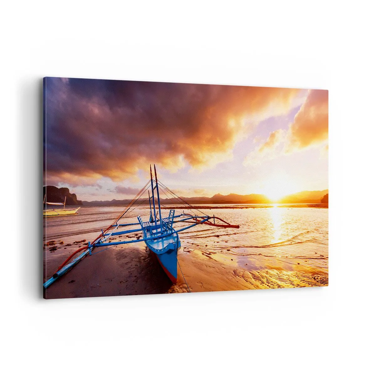 Cuadro sobre lienzo - Impresión de Imagen - Barco azul en la playa al atardecer - 120x80cm - Después de un largo día, relájate en la arena - Decoración de pared moderna para salón y dormitorio ARTTOR
