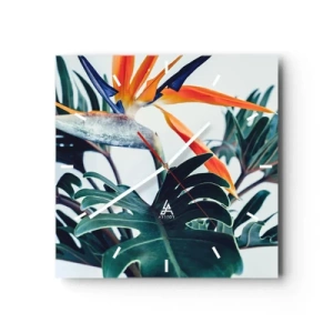 Reloj de pared - Reloj de vidrio - Flor de Strelitzia rodeada de hojas bajo una luz brillante. - 30x30cm - La jaula del pájaro colorido - Decoración de pared moderna para salón y dormitorio ARTTOR