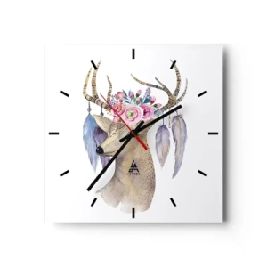 Reloj de pared - Reloj de vidrio - Gráfico romántico de ciervo con flores y plumas. - 30x30cm - Guía del alma - gentil, inocente - Decoración de pared moderna para salón y dormitorio ARTTOR