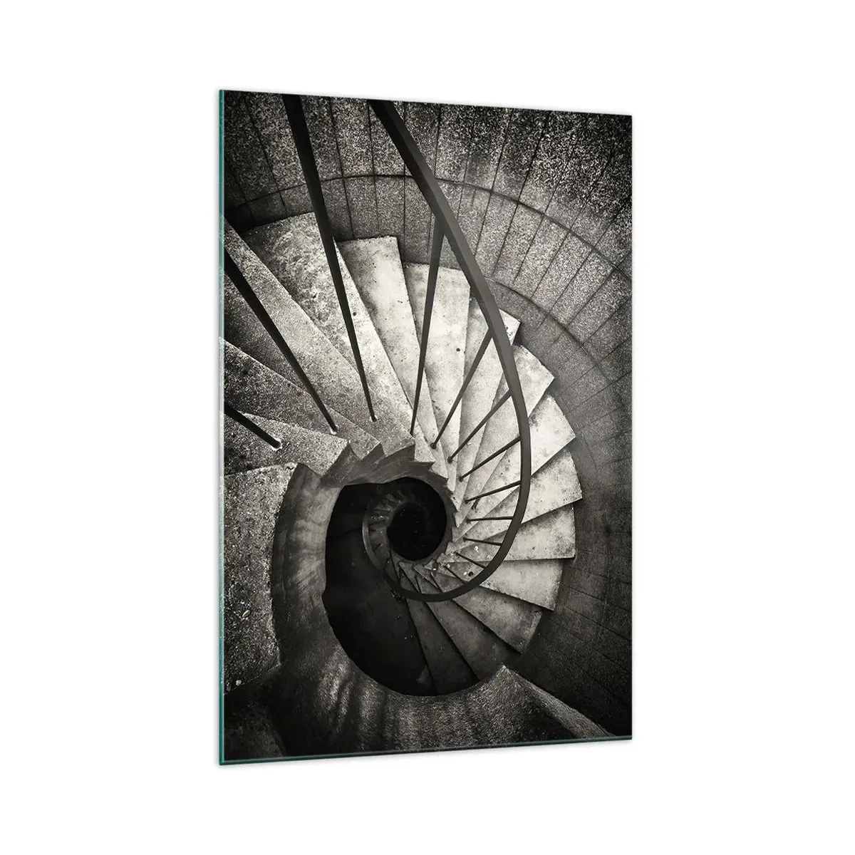 Cuadro sobre vidrio - Impresiones sobre Vidrio - Escalera de caracol en blanco y negro de estilo moderno. - 70x100cm - Escaleras arriba, escaleras abajo - Decoración de pared moderna para salón y dormitorio ARTTOR