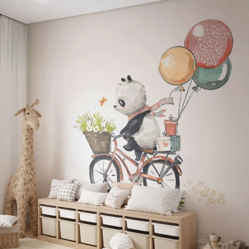 Fotomural Premium Canvas - Panda en bicicleta con globos y flores. - 100x70cm - Un día feliz - Decoración de pared moderna para salón y dormitorio ARTTOR