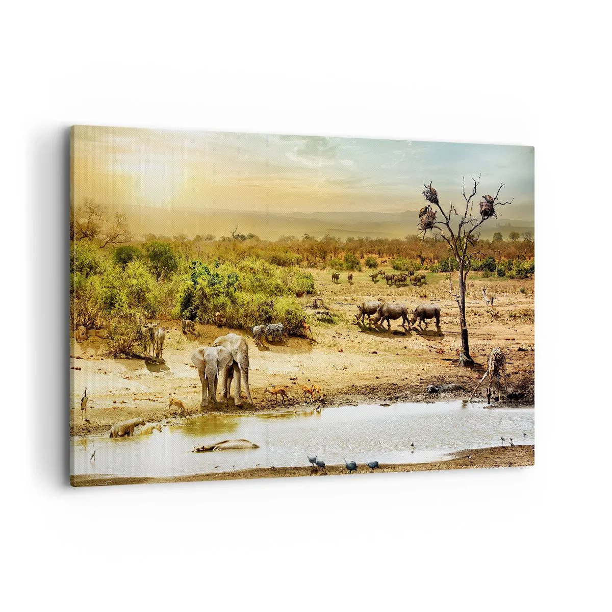 Cuadro sobre lienzo - Impresión de Imagen - Elefantes y animales salvajes en un abrevadero al atardecer - 120x80cm - Y del Edén fluyó un río... - Decoración de pared moderna para salón y dormitorio ARTTOR