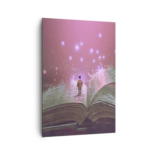 Cuadro sobre lienzo - Impresión de Imagen - Una figura pisa un libro abierto bajo una luz mágica. - 70x100cm - Una invitación a otro mundo - Decoración de pared moderna para salón y dormitorio ARTTOR