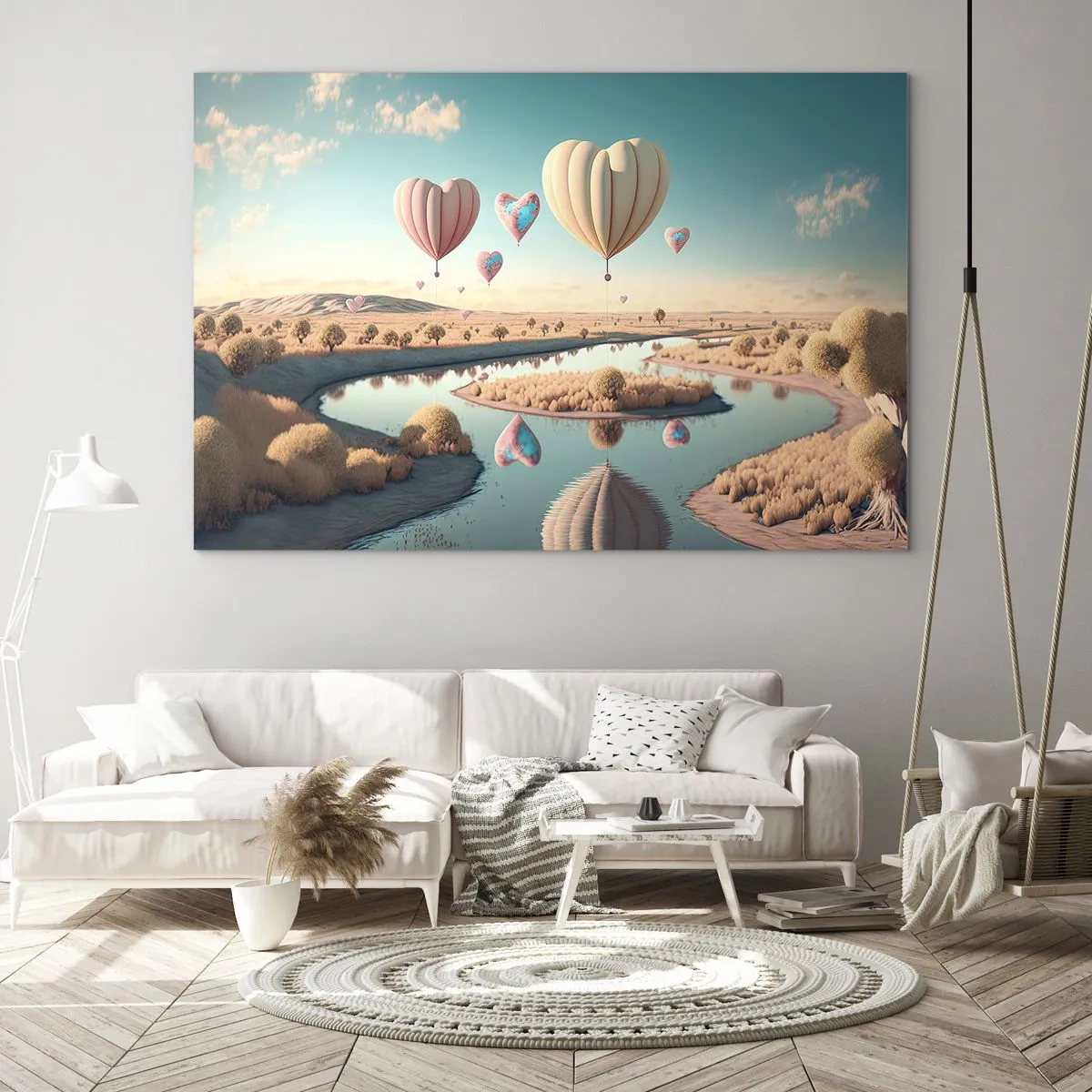 Cuadro sobre vidrio - Impresiones sobre Vidrio - Globos en forma de corazón sobre un paisaje de cuento de hadas con un río. - 70x50cm - El amor te hace volar - Decoración de pared moderna para salón y dormitorio ARTTOR