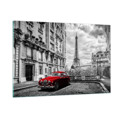Cuadro sobre vidrio - Impresiones sobre Vidrio - Coche rojo frente a la Torre Eiffel en París en blanco y negro - 120x80cm - Un depredador en la ciudad - Decoración de pared moderna para salón y dormitorio ARTTOR