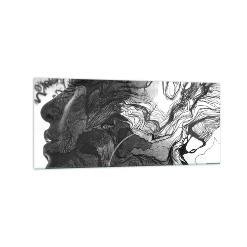 Cuadro sobre vidrio - Impresiones sobre Vidrio - Rostro abstracto en blanco y negro con líneas dinámicas. - 120x50cm - Enredada en sueños - Decoración de pared moderna para salón y dormitorio ARTTOR