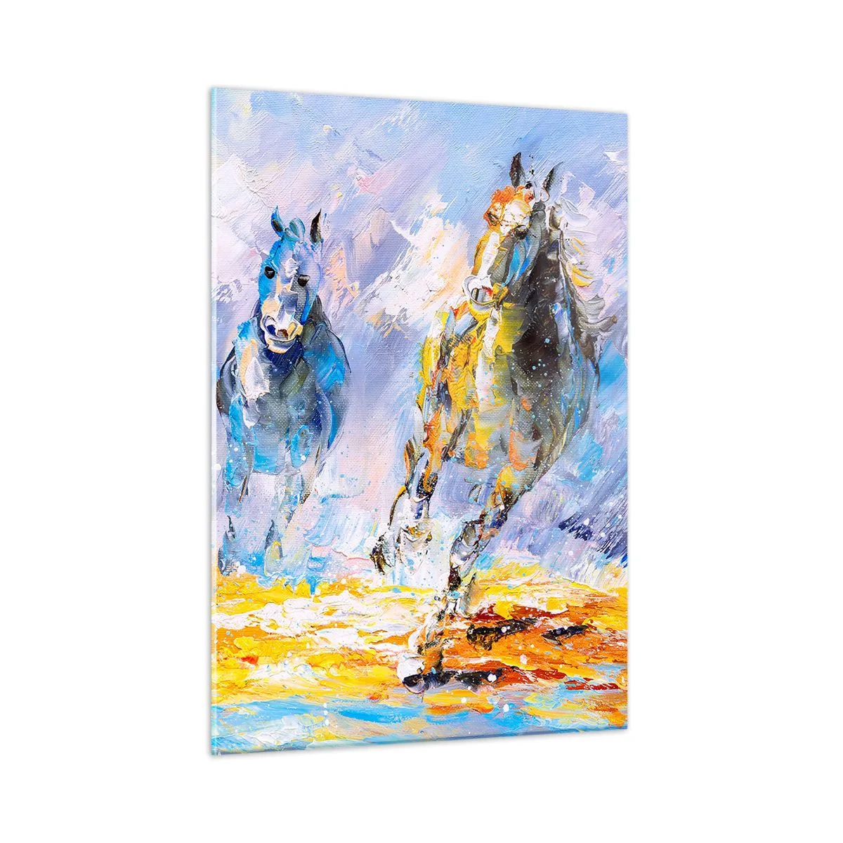 Cuadro sobre vidrio - Impresiones sobre Vidrio - Dos caballos galopando a través del agua en un estilo artístico. - 50x70cm - Galopando a través del resplandor - Decoración de pared moderna para salón y dormitorio ARTTOR