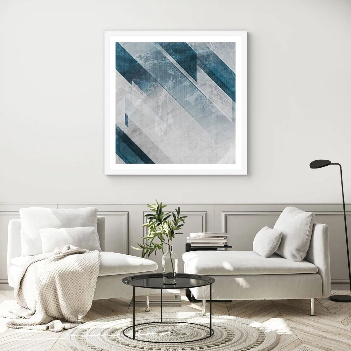 Póster en marco blanco - Composición espacial - movimiento de grises - 50x50 cm