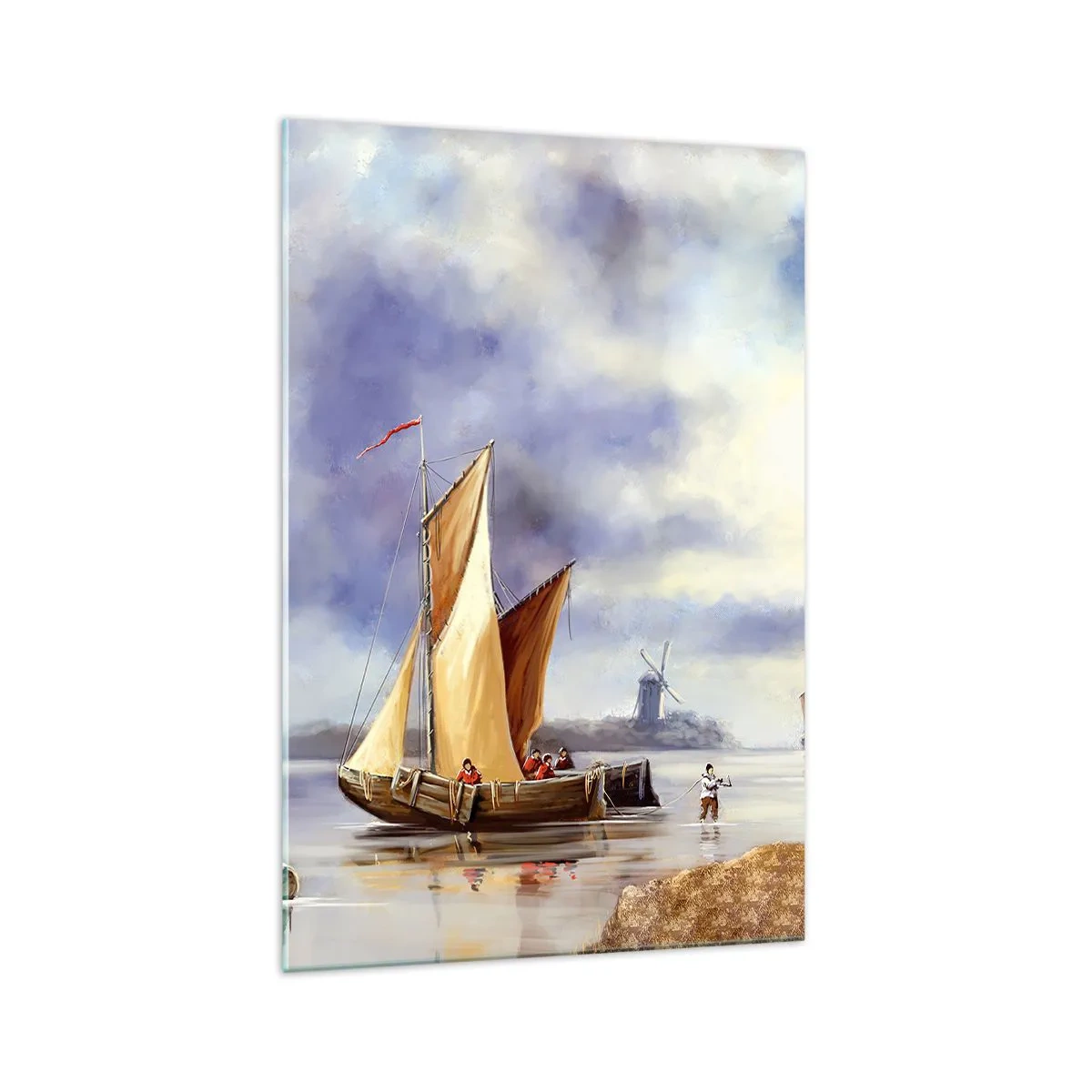 Cuadro sobre vidrio - Impresiones sobre Vidrio - Veleros en aguas tranquilas con molinos de viento al fondo - 70x100cm - El regreso de los marineros - Decoración de pared moderna para salón y dormitorio ARTTOR