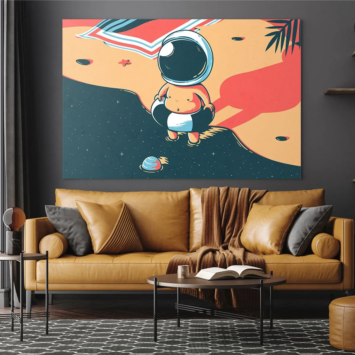 Cuadro sobre vidrio - Impresiones sobre Vidrio - Figura de astronauta en una playa con un paisaje cósmico. - 100x70cm - Desde una perspectiva diferente - Decoración de pared moderna para salón y dormitorio ARTTOR